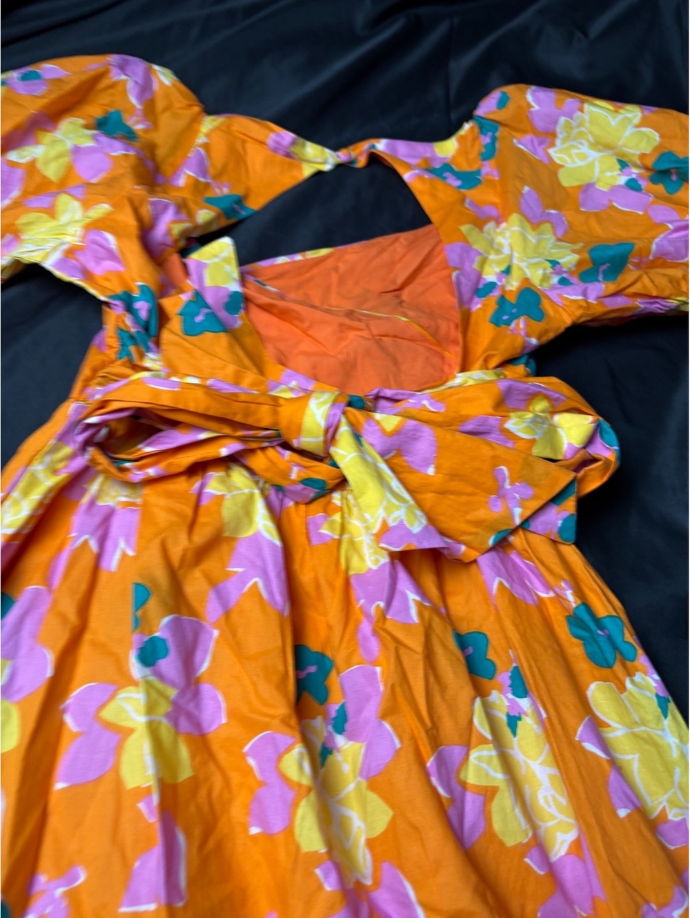 Lena Women's Knee-Length Puff Sleeve Dress in Orange Floral - Picture 8 of 10